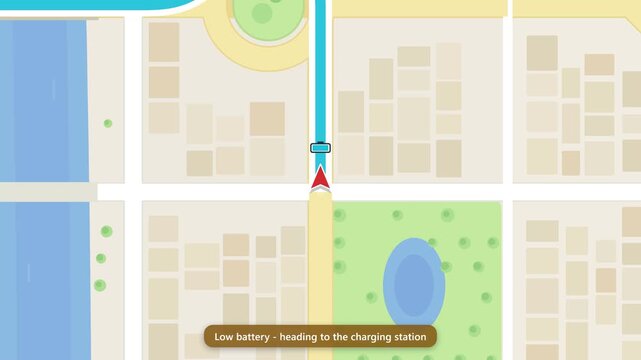 Animated GPS map follows low-battery car navigating to EV charging station and recharging. Flat city map design with river and park. Horizontal format for electric vehicle and travel app themes.