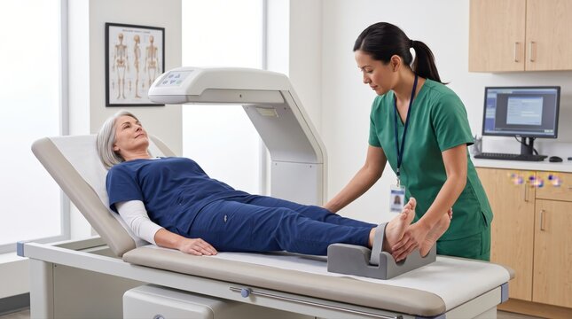 Mature woman undergoes bone density screening in bright imaging clinic, creating clear concept for osteoporosis evaluation and preventive women health care.