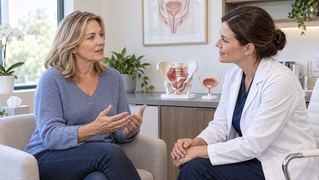 Female doctor listens to mature patient discussing bladder concerns, linking continence support, pelvic health and professional midlife healthcare.