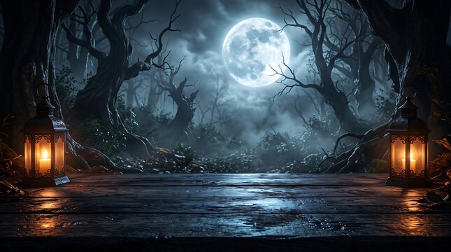 A spooky halloween night scene with a glowing moon and eerie forest path