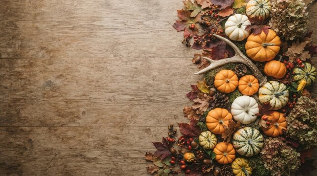 Autumn harvest arrangement of pumpkins gourds and dried foliage on brick wall