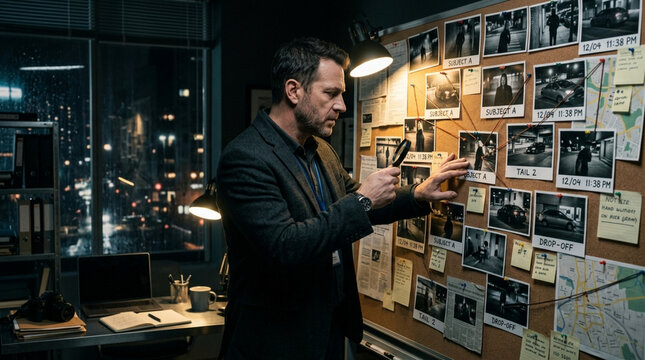 Focused Private Investigator Analyzing Evidence Photos on Investigation Board in Dark Office at Night
