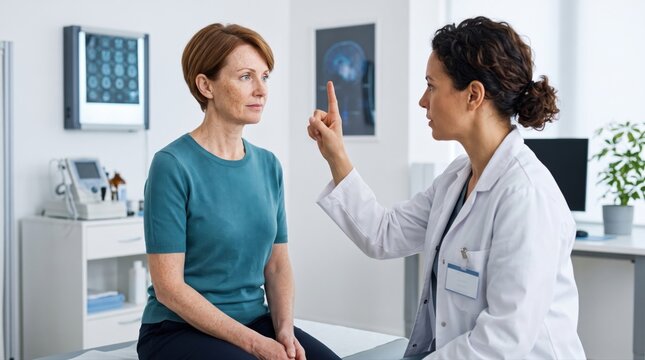 Female neurologist performs eye tracking exam on mature woman with migraine concerns, showing neurological assessment and supportive menopause healthcare.