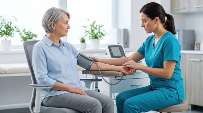 Mature woman has blood pressure checked during preventive visit, showing cardiovascular risk monitoring, postmenopausal health and routine clinical care for women after 50.