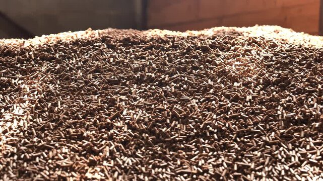 Bulk animal feed pellets for livestock in a large storage pile at a farm