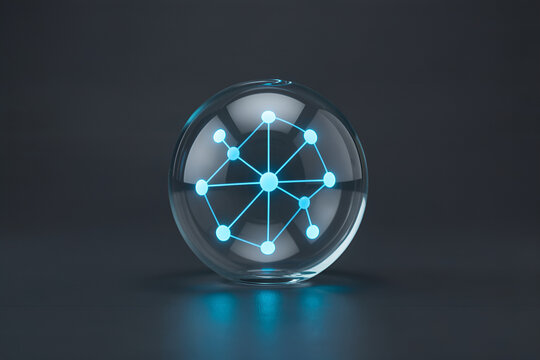 Clear glass sphere containing a luminous blue node network on a dark desk