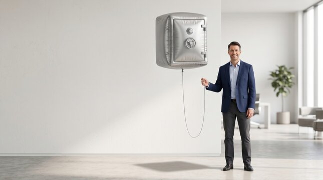 Metallic safe floats like helium balloon in minimalist office, illustrating financial simplicity, reduced burden and creative wealth management concept.