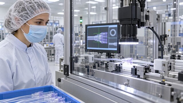 Automated camera checks tubing connector alignment while technician monitors process, highlighting smart manufacturing and medical device quality assurance.