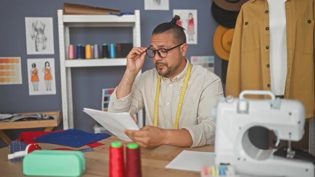 Man dressmaker reading pattern papers with tape measure around neck and holding scissors in studio; concentration craftsmanship creativity.