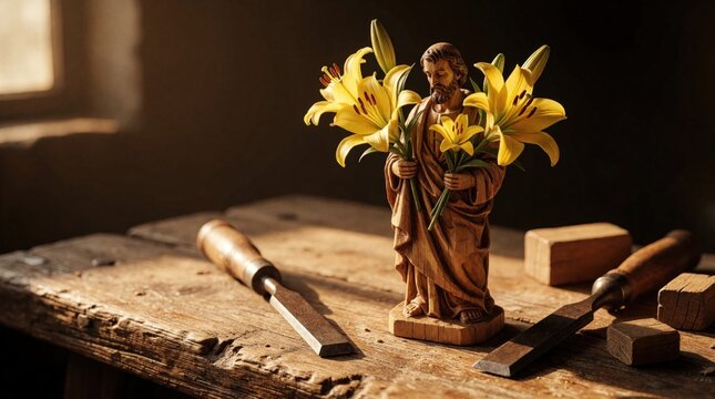 Wooden statue of Saint Joseph holding yellow lily flowers on rustic workbench. Carpenter tools like chisels lie nearby in warm workshop light. Religious art piece faith, devotion, craftsmanship in