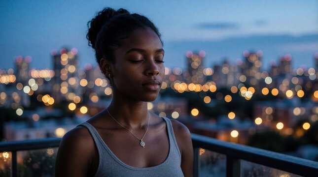 Young Black woman practices breathing exercises on apartment balcony at twilight. Peaceful African American female practices mindfulness meditation with eyes closed. Serene city skyline background
