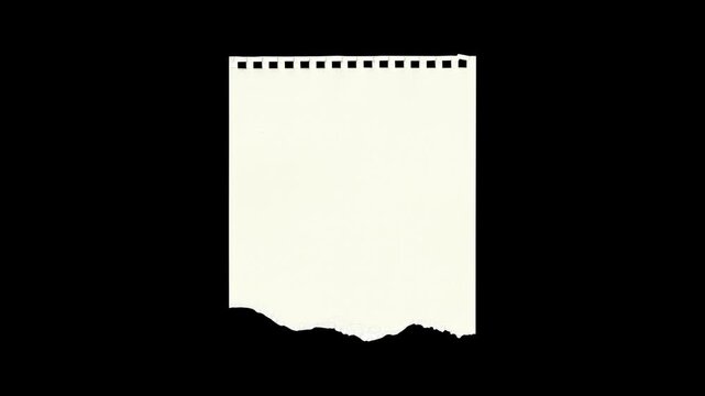 White torn notebook paper sheet animation, ripped spiral notepad page, isolated video overlay element