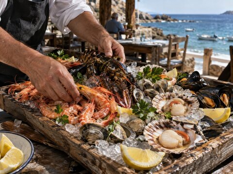 Gro&szlig;e Meeresfr&uuml;chteplatte im K&uuml;stenrestaurant. Ein Koch richtet Garnelen, Muscheln und weitere Meerestiere mit Zitronen an. Frische spanische K&uuml;che f&uuml;r Urlaub und Genuss am Meer.