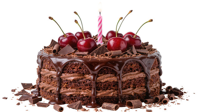 Decadent chocolate cake with cherries and chocolate shavings, isolated on transparent background