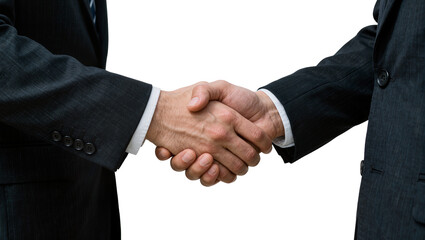 Two businessmen in dark suits shaking hands, isolated on transparent background © Nicolae