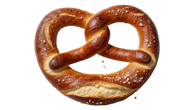 Golden brown pretzel with coarse salt crystals, isolated on transparent background