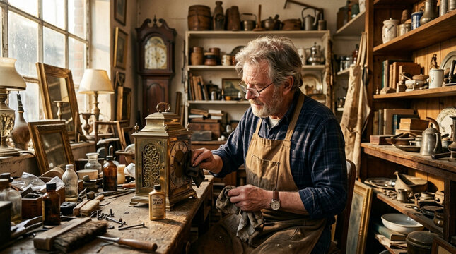 Senior Artisan Craftsmanship Restoring Antique Brass Clock in Traditional Workshop