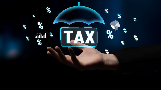 Conceptual Image of Tax Protection and Financial Security with Icons of Percentages and Charts under Umbrella in Dark Background. Sentient.