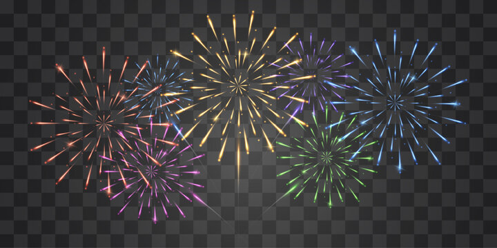 Bright colorful fireworks explosions isolated on png background. Festive fireworks with brightly shining sparks. New Year&rsquo;s Eve firework, salute. Vector isolated on png background.