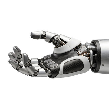 Mechanical robotic hand with metallic and carbon fiber on transparent background