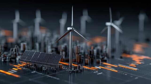 Wind turbine and solar panel infrastructure model with digital financial data visualization for sustainable energy investment analysis