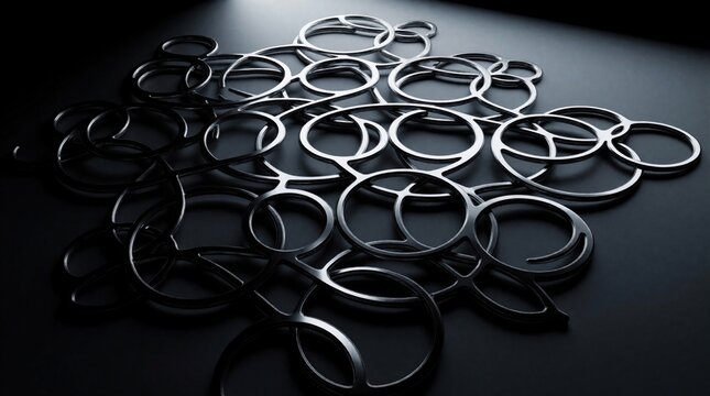 Abstract 3D geometric structure of interconnected metallic rings. Complex silver metal network forms intricate pattern with symmetric lines, shadows. Modern architectural design shows tech
