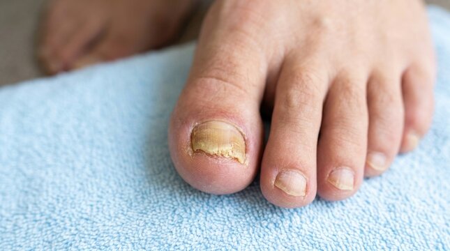 Mycosis nail disease: sore toe, yellow plate, fungus growth, rough keratin, dermatophyte symptom, bad cuticle, foot pathology, medical condition, human skin.