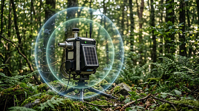 A futuristic robot explorer stands in a lush green forest with glowing energy surrounding it