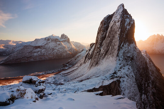 Spectacular view of snow covered Segla mountain peak  from Hesten in Senja, Norway