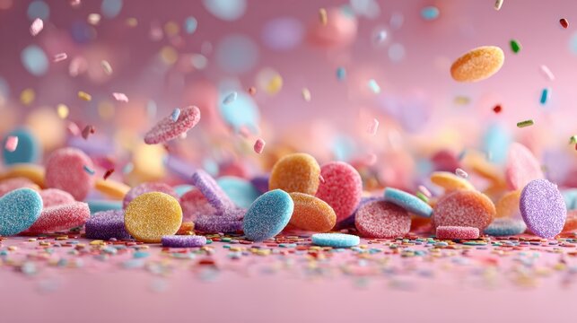 Colorful sugar coated candy sprinkles falling on a soft pink background for festive celebration and dessert decoration concepts