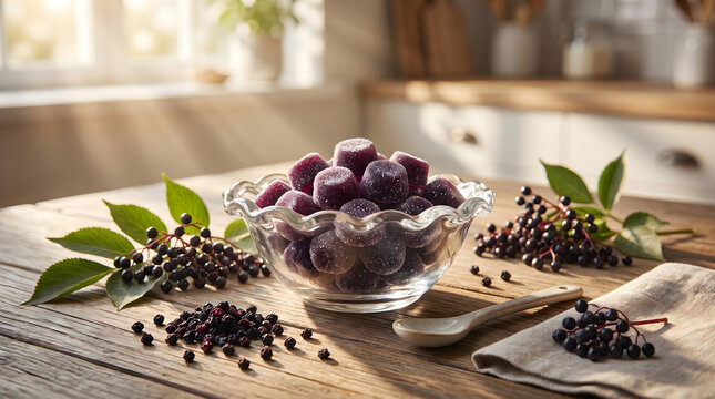 Elderberry gummy candies in a glass bowl on a rustic wooden table with fresh elderberries and dried berries