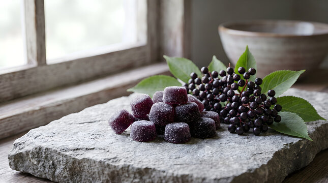 Natural elderberry gummy supplements resting on a stone slab next to fresh elderberries and green leaves