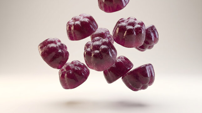 A close-up shot of falling purple elderberry gummy vitamins with glistening sugar crystals on clean background
