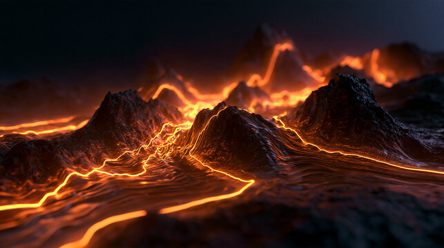 Abstract Topography Landscape with Glowing Orange Neon Lines