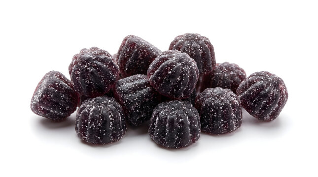 A close up view of delicious elderberry gummy vitamins coated with sugar crystals isolated on white.