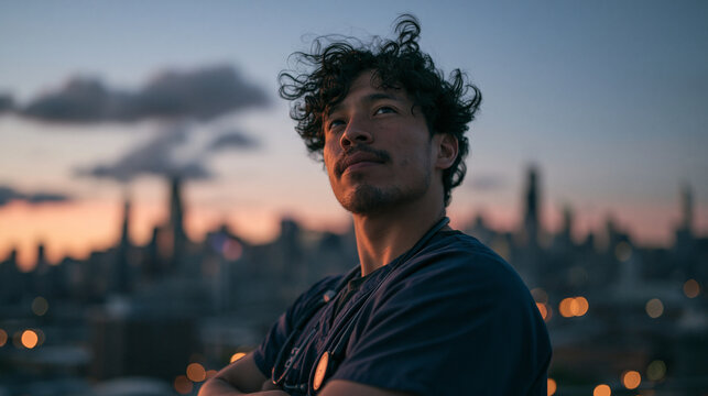 Male Doctor Standing on Rooftop Overlooking City at Sunset