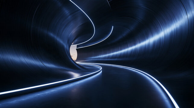 Futuristic Dark Tunnel with Curved Neon Glowing Lines