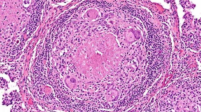 Pulmonary tubercle specimen: mycobacterium infection, respiratory illness, contagion bacterium, chronic cough, cellular inflammation, medical diagnosis, patient treatment.