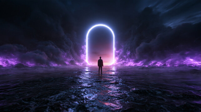 Man Standing Before Glowing Neon Portal in Futuristic Landscape