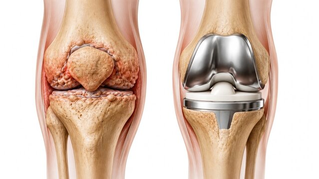 Human knee anatomy showing severe osteoarthritis and total knee replacement implant with damaged joint comparison isolated on white background