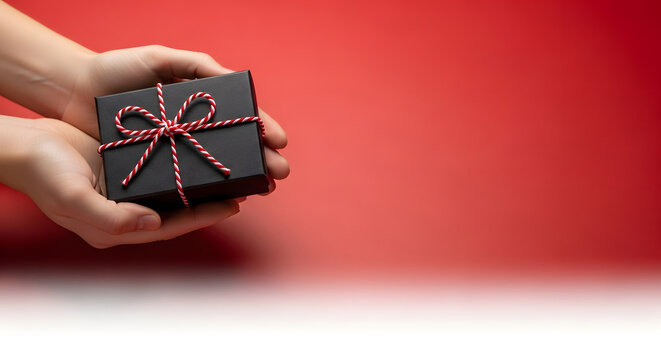 Person holding small black gift box with red and white string bow