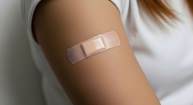Person wearing white shirt with adhesive bandage on upper arm