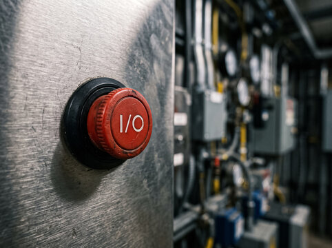 red power button with on off symbol on metal body of industrial equipment in electrical room