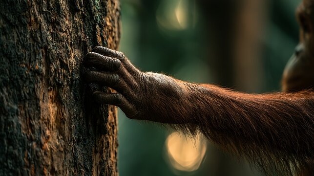 Close up of an orangutan hand resting on a tree trunk in the jungle.