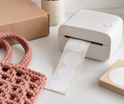 label printer prepares stickers beside a handbag