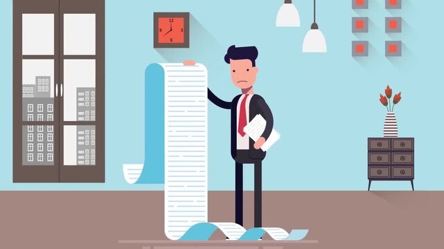 Sad businessman holding exceptionally long checklist document inside modern office environment during corporate video clip animation