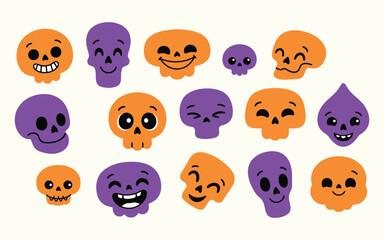 Obraz premium Collection of colorful cartoon skulls in orange and purple for halloween designs