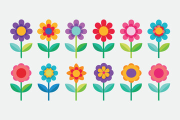 Obraz premium Colorful flat flower icons set, 12 floral vector elements with green leaves, spring blossom garden illustrations