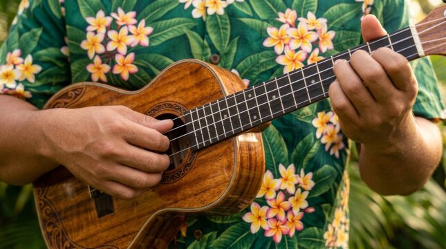 A person playing a vibrant ukulele in a tropical setting with colorful flowers.