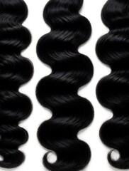 Fototapeta premium Three bundles of long wavy black hair lie on white background. Smooth silky hair extensions with dark color for beauty salon use. Natural texture wavy hair weaves for wig making hair styling. Pro